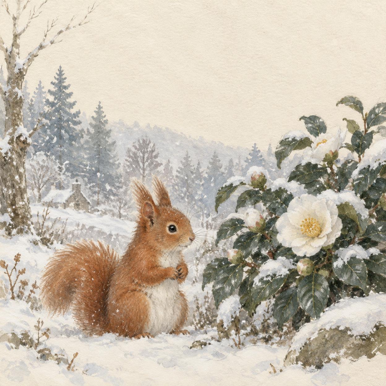 Hand-painted squirrel and white tsubaki flowers in a snowy winter scene